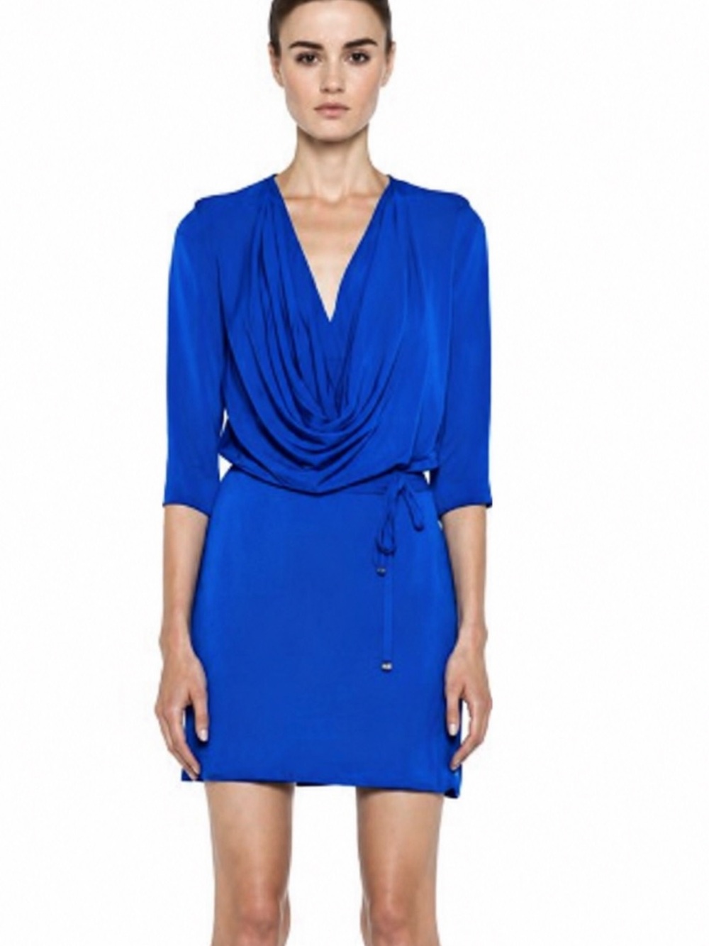 Diane Von Furstenberg Royal Blue Draped V-Neck Mini Dress in 100% silk